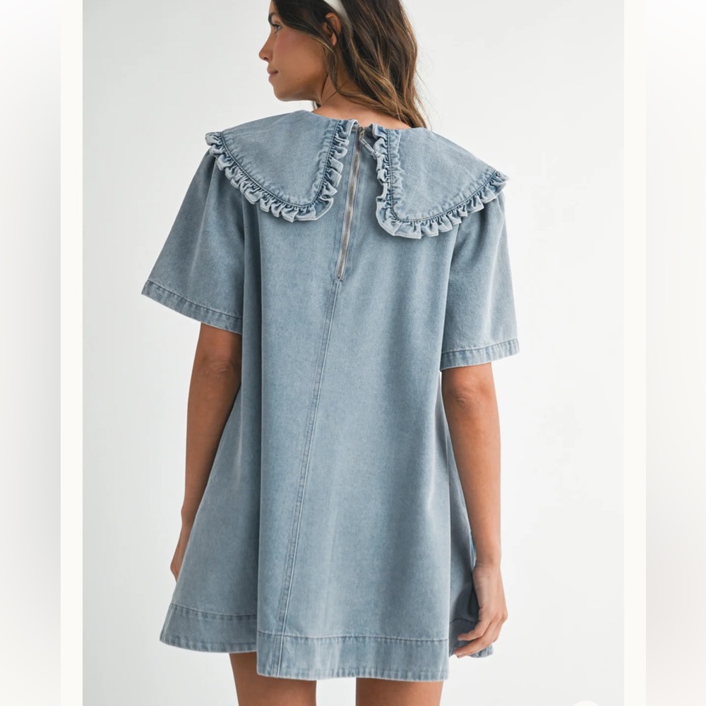 Amable by Mable Peter Pan collared light Wash denim mini dress shirt sleeve Sz S - Picture 4 of 15